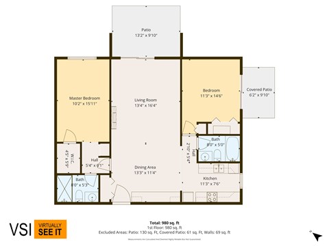 Floor plan for 2 beds, 2 baths, 980 sqft