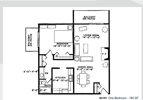 Floor plan for 1 bed, 1 bath, 785 sqft