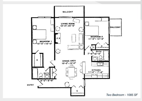 Floor plan for 2 beds, 2 baths, 1085 sqft