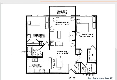 Floor plan for 2 beds, 2 baths, 980 sqft