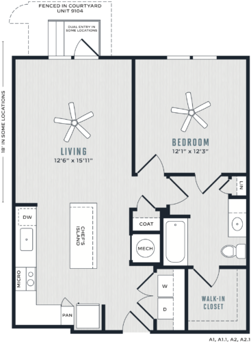 Floor plan for 1 bed, 1 bath, 808 sqft