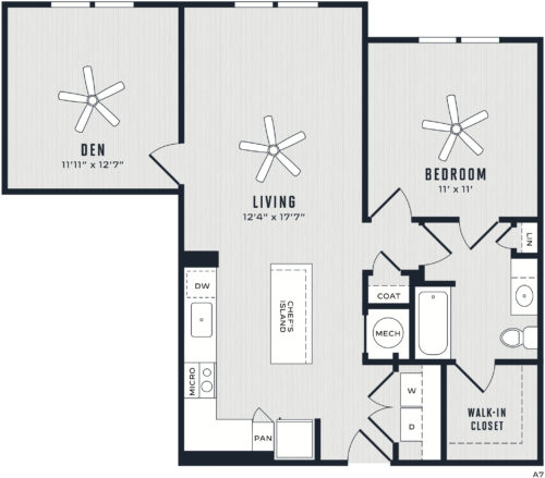Floor plan for 1 bed, 1 bath, 987 sqft