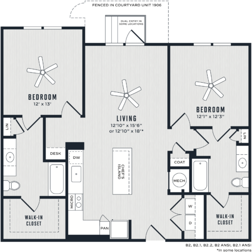 Floor plan for 2 beds, 2 baths, 1193 sqft