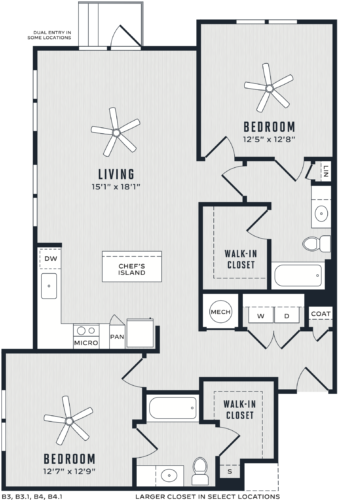 Floor plan for 2 beds, 2 baths, 1233 sqft