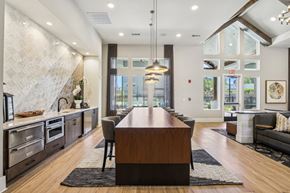 Atlanta apartment for rent - A modern kitchen with a long wooden island in the middle.