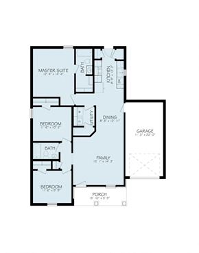 Odessa house for rent - A floor plan of a house with a master suite, two bedrooms, a garage, a dining room, a kitchen, and a family room.