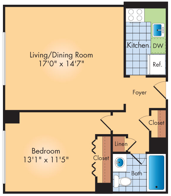 Floor plan for 1 bed, 1 bath, 593 sqft