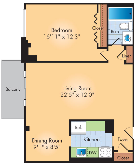 Floor plan for 1 bed, 1 bath, 756 sqft