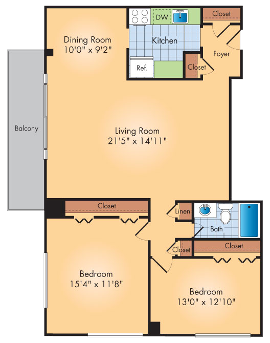 Floor plan for 2 beds, 1 bath, 992 sqft