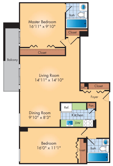 Floor plan for 2 beds, 1.5 baths, 1000 sqft