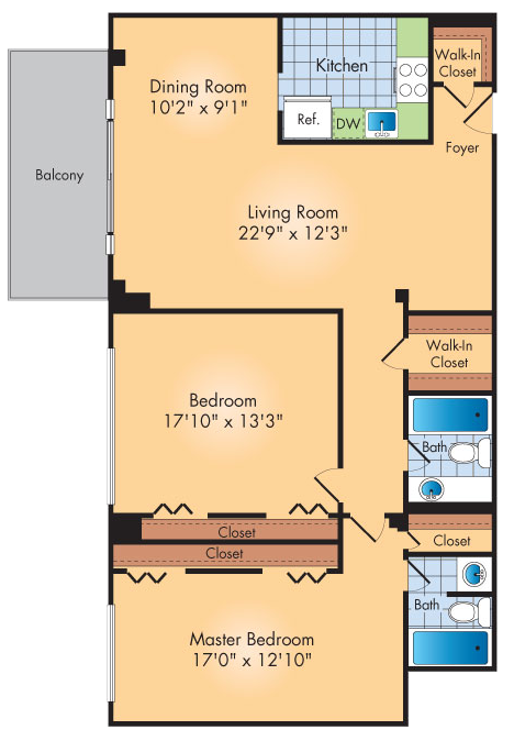 Floor plan for 2 beds, 2 baths, 1115 sqft
