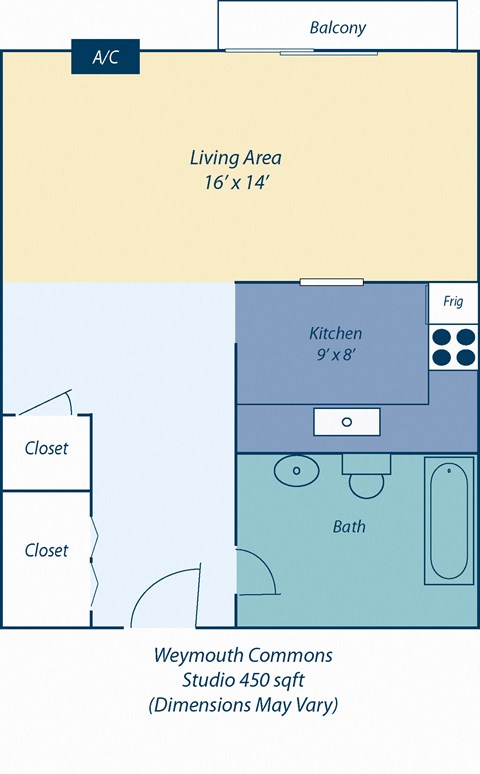 Floor plan for studio, 1 bath, 500 sqft
