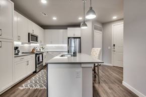 Mckinney house for rent - an open kitchen and dining area with white cabinets and stainless steel appliances
