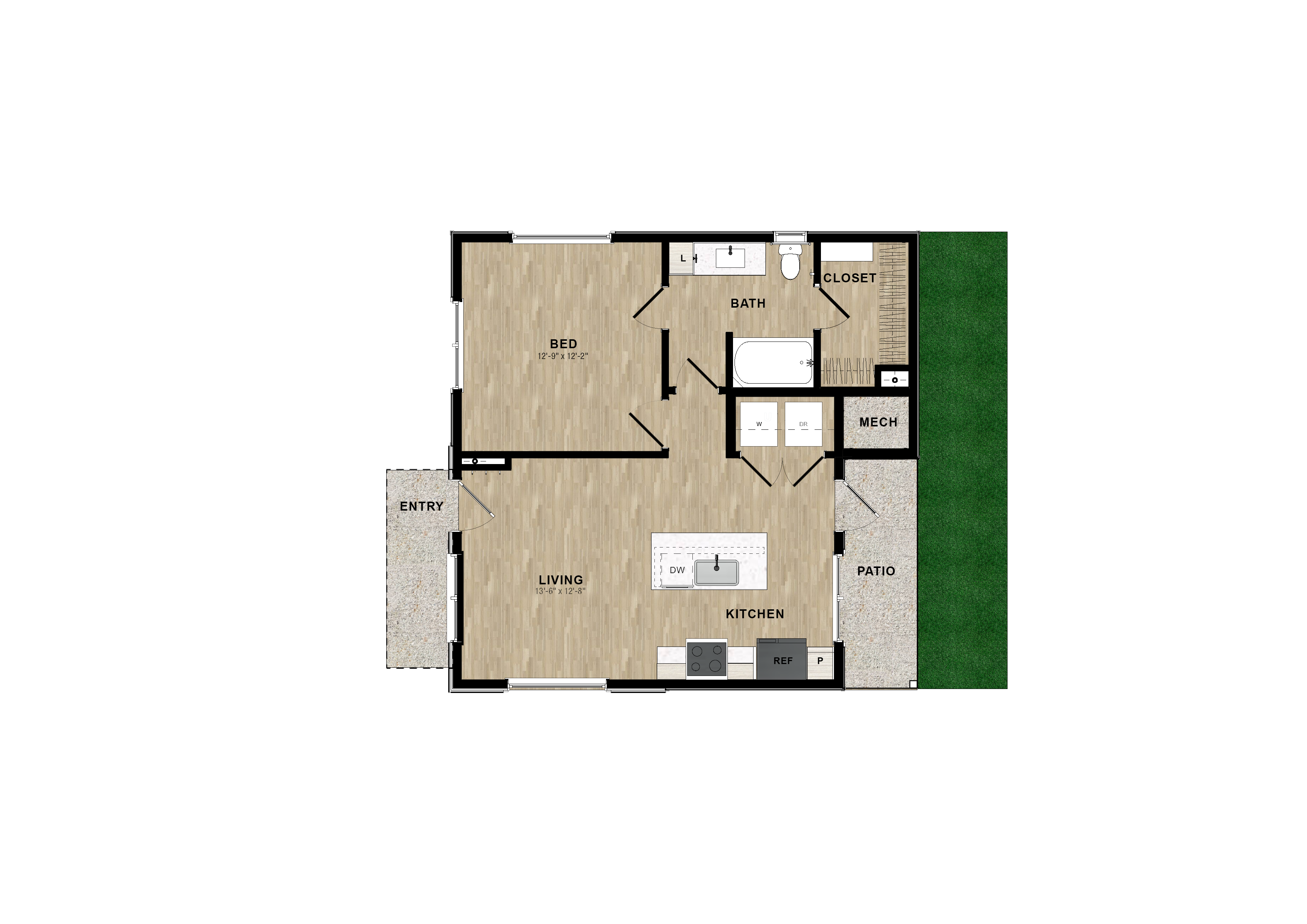 Floor plan for 1 bed, 1 bath, 707 sqft