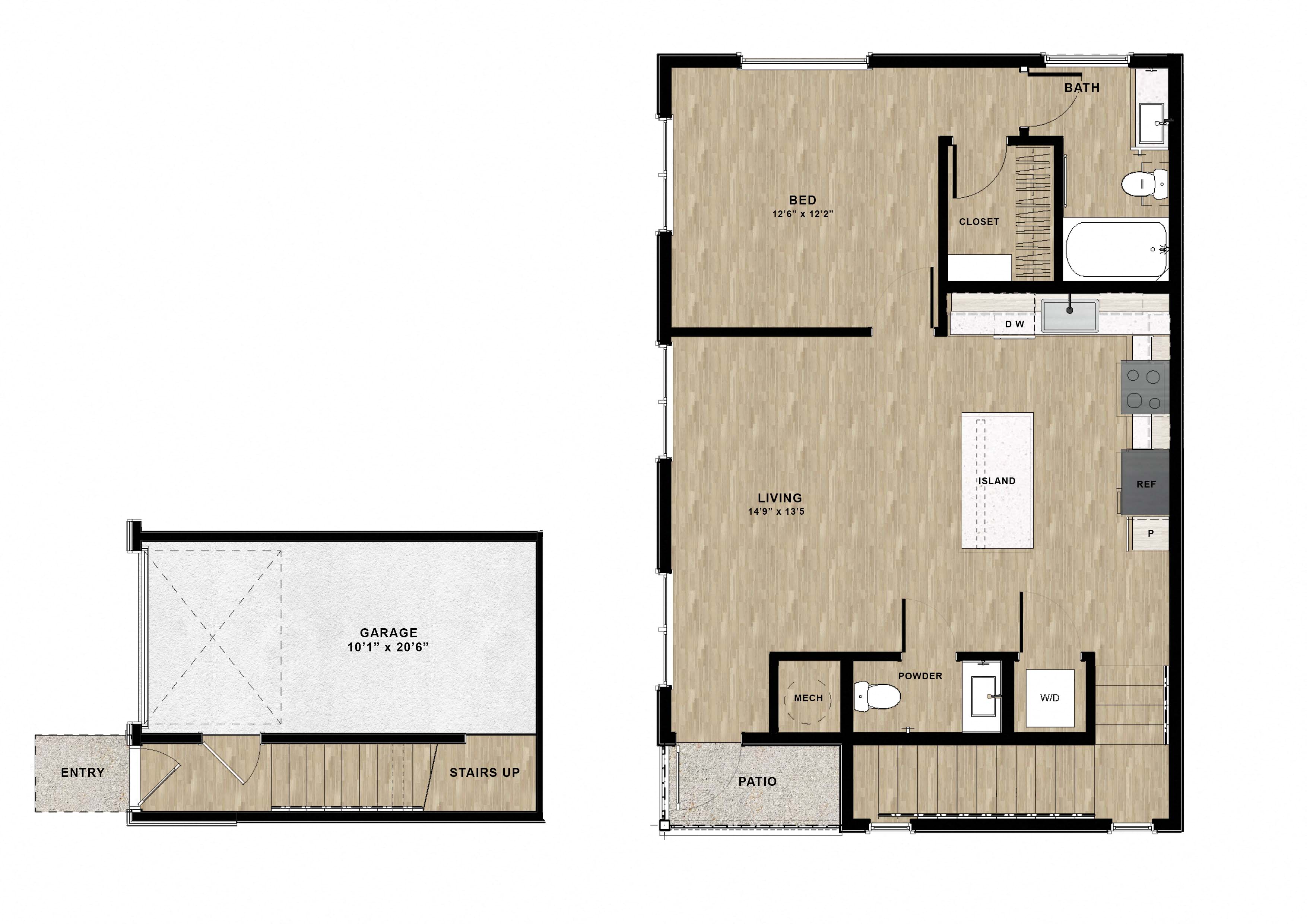 Floor plan for 1 bed, 1 bath, 873 sqft
