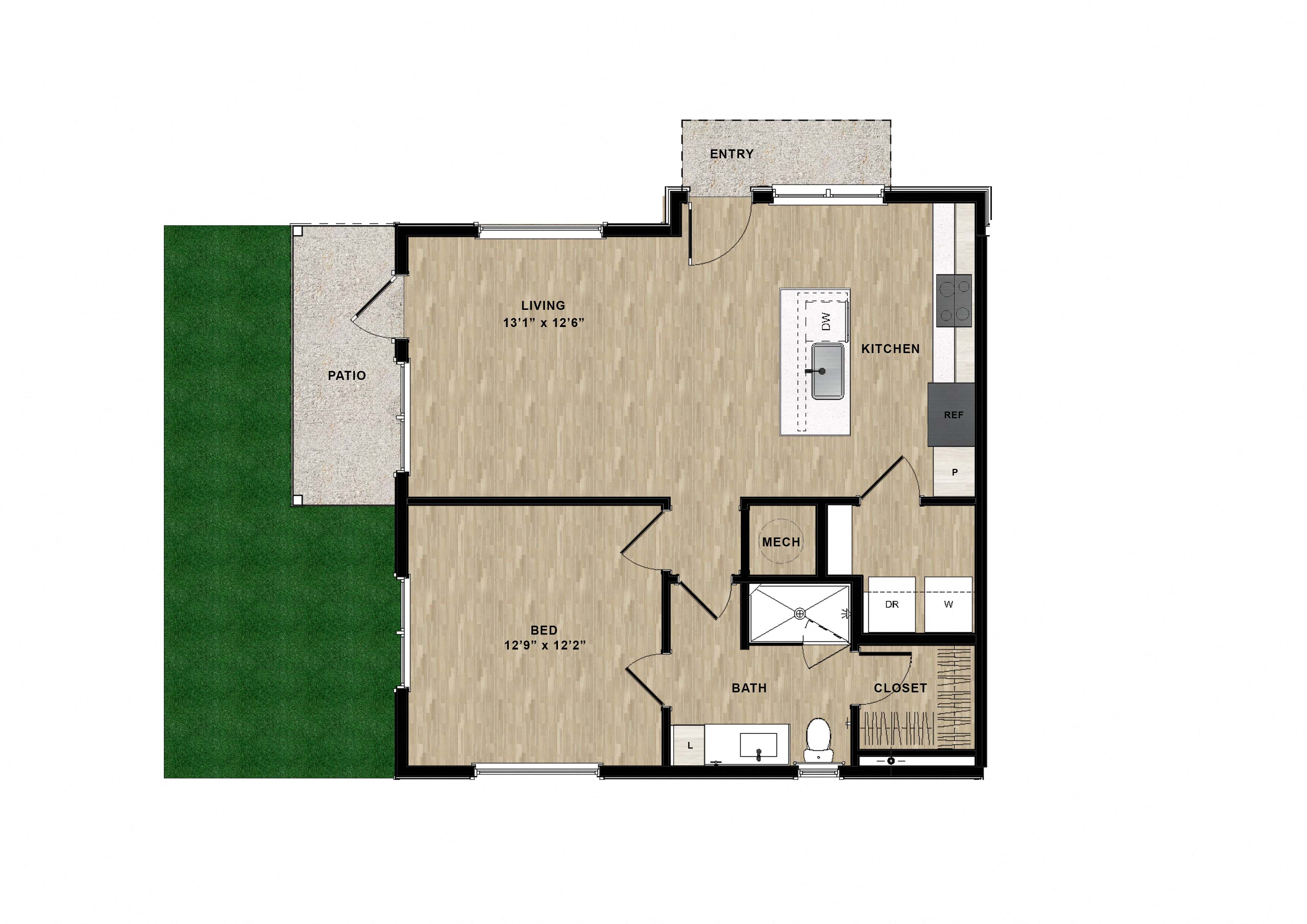 Floor plan for 1 bed, 1 bath, 767 sqft