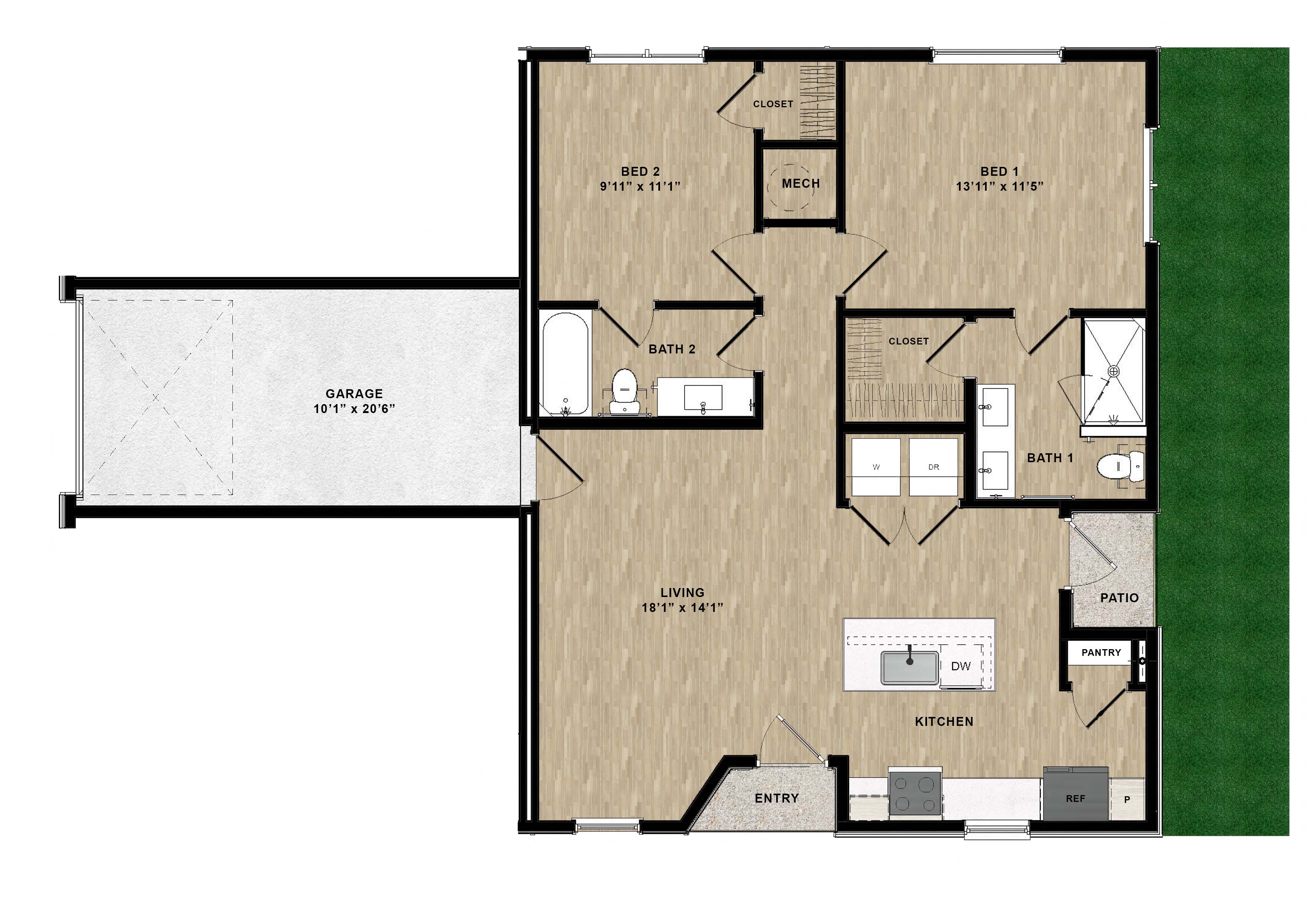Floor plan for 2 beds, 2 baths, 1007 sqft