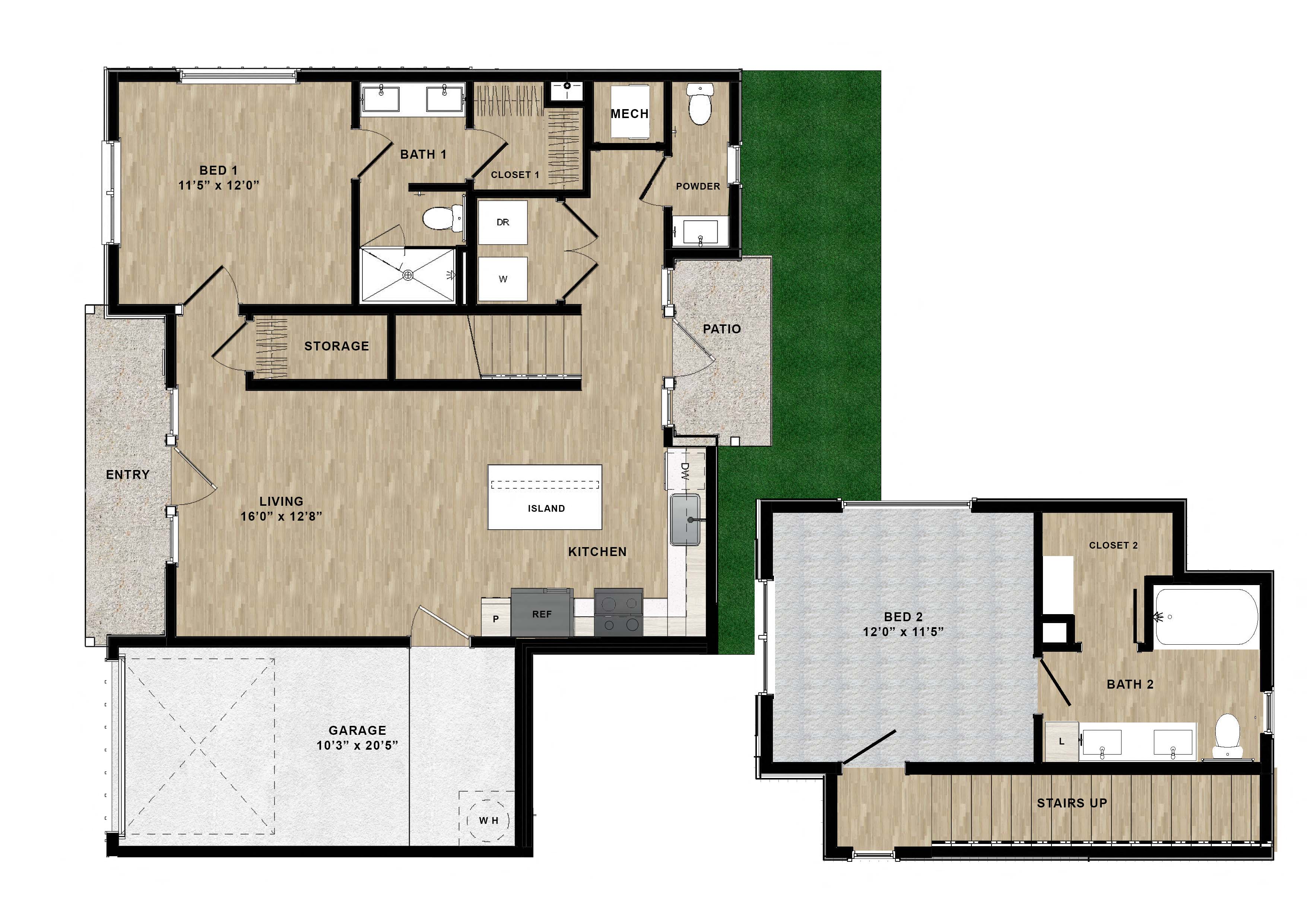 Floor plan for 2 beds, 2 baths, 1187 sqft
