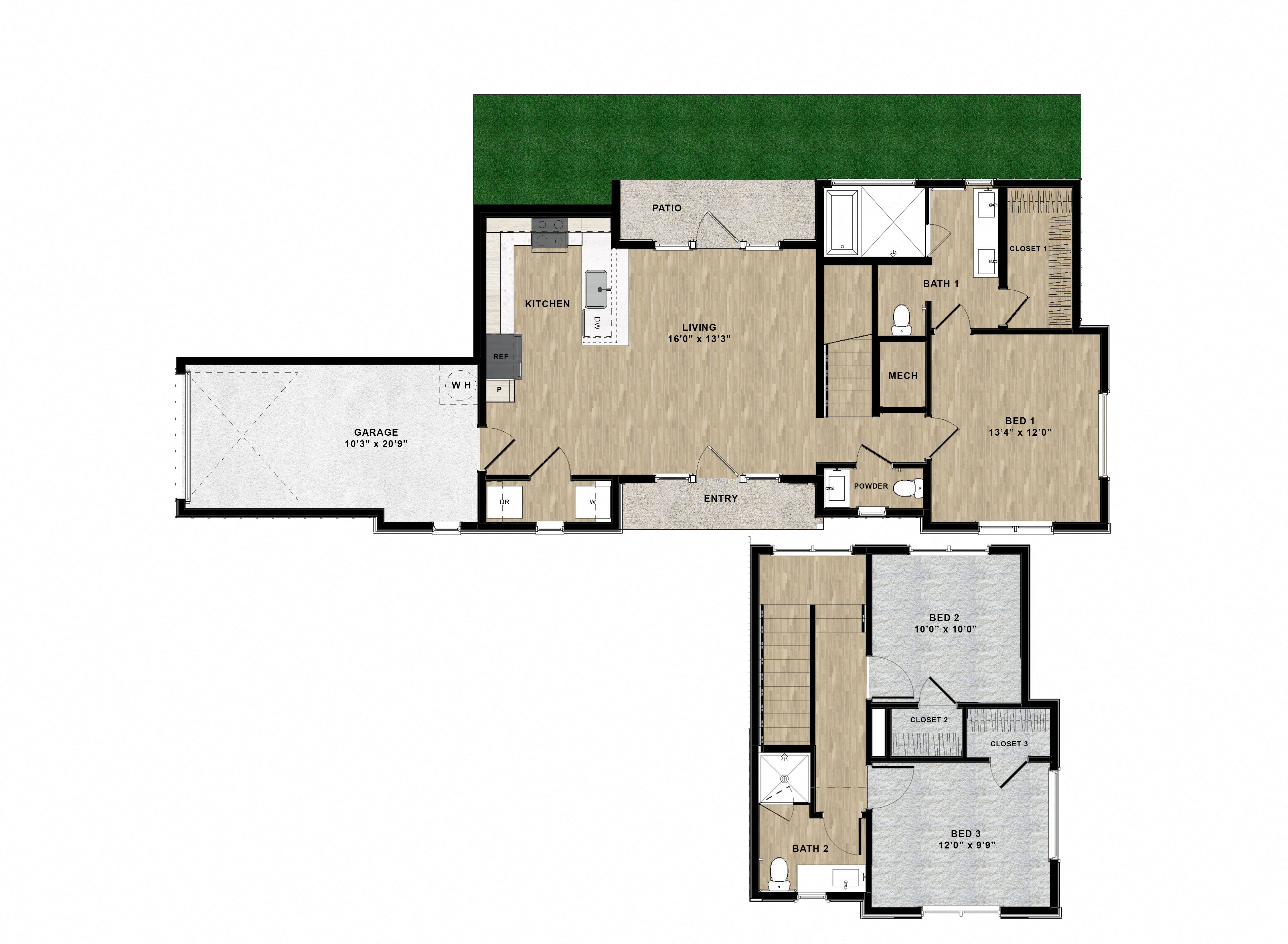 Floor plan for 3 beds, 2 baths, 1398 sqft