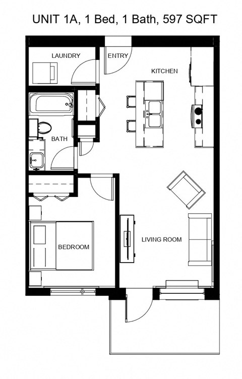 Floor plan for 1 bed, 1 bath, 597 sqft