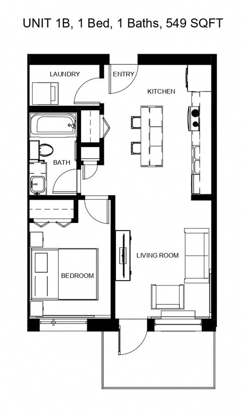 Floor plan for 1 bed, 1 bath, 549 sqft
