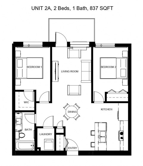 Floor plan for 2 beds, 1 bath, 837 sqft