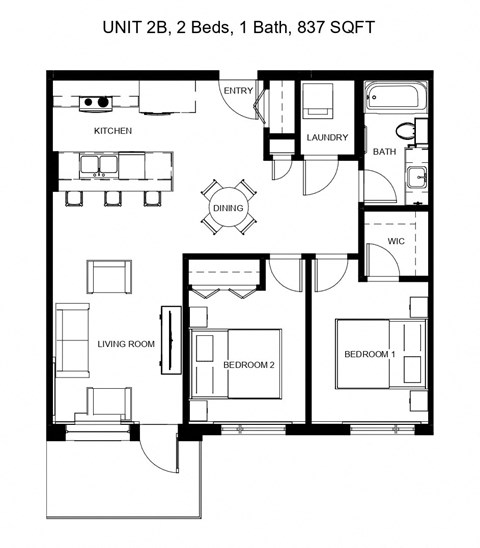 Floor plan for 2 beds, 1 bath, 837 sqft