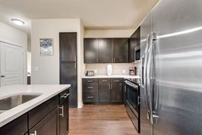 Dallas house for rent - a kitchen with stainless steel appliances and black cabinets