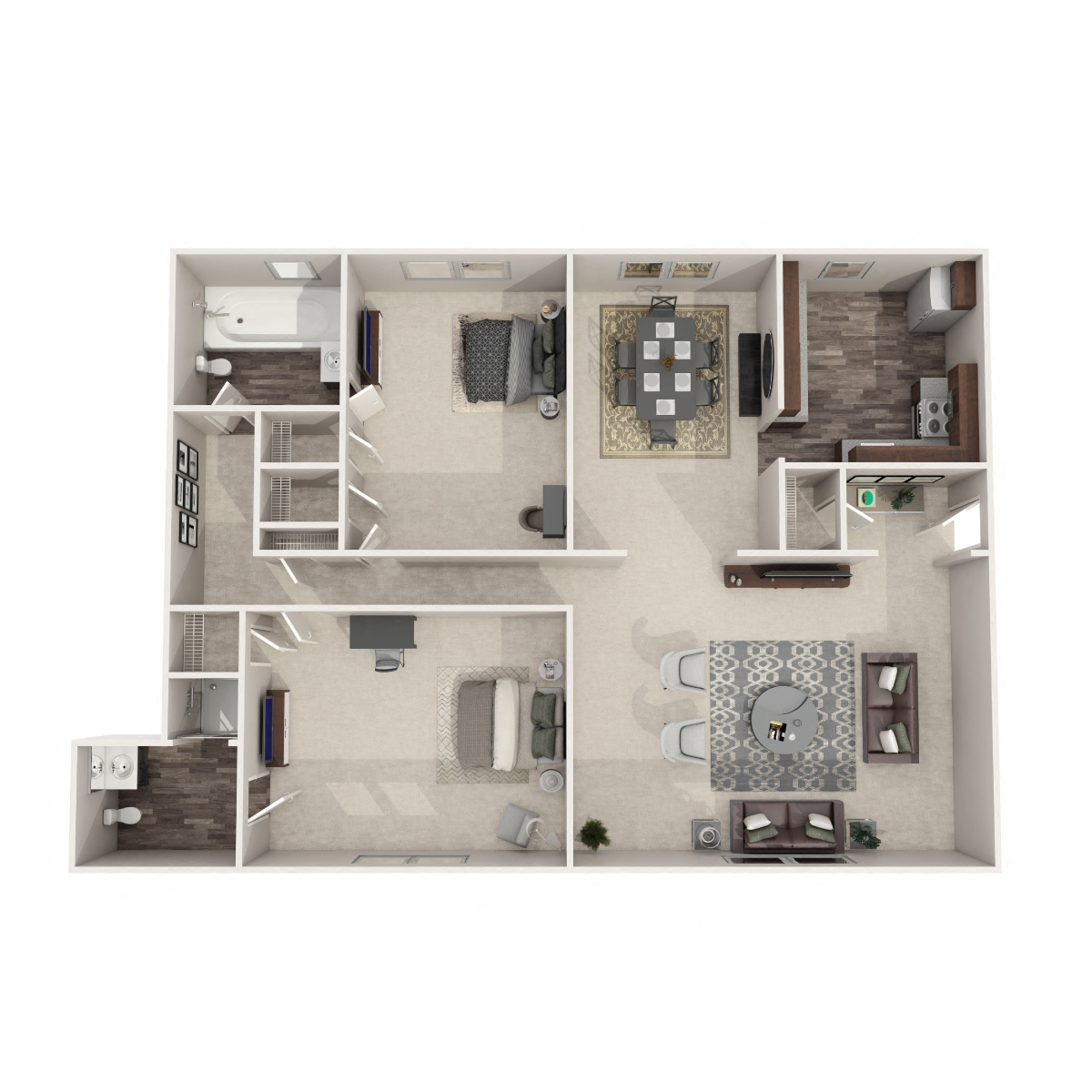 Floor plan for 2 beds, 2 baths, 1355 sqft
