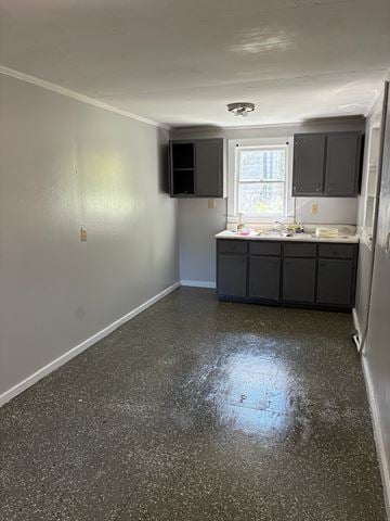 Mobile house for rent - A kitchen with a counter and cabinets.