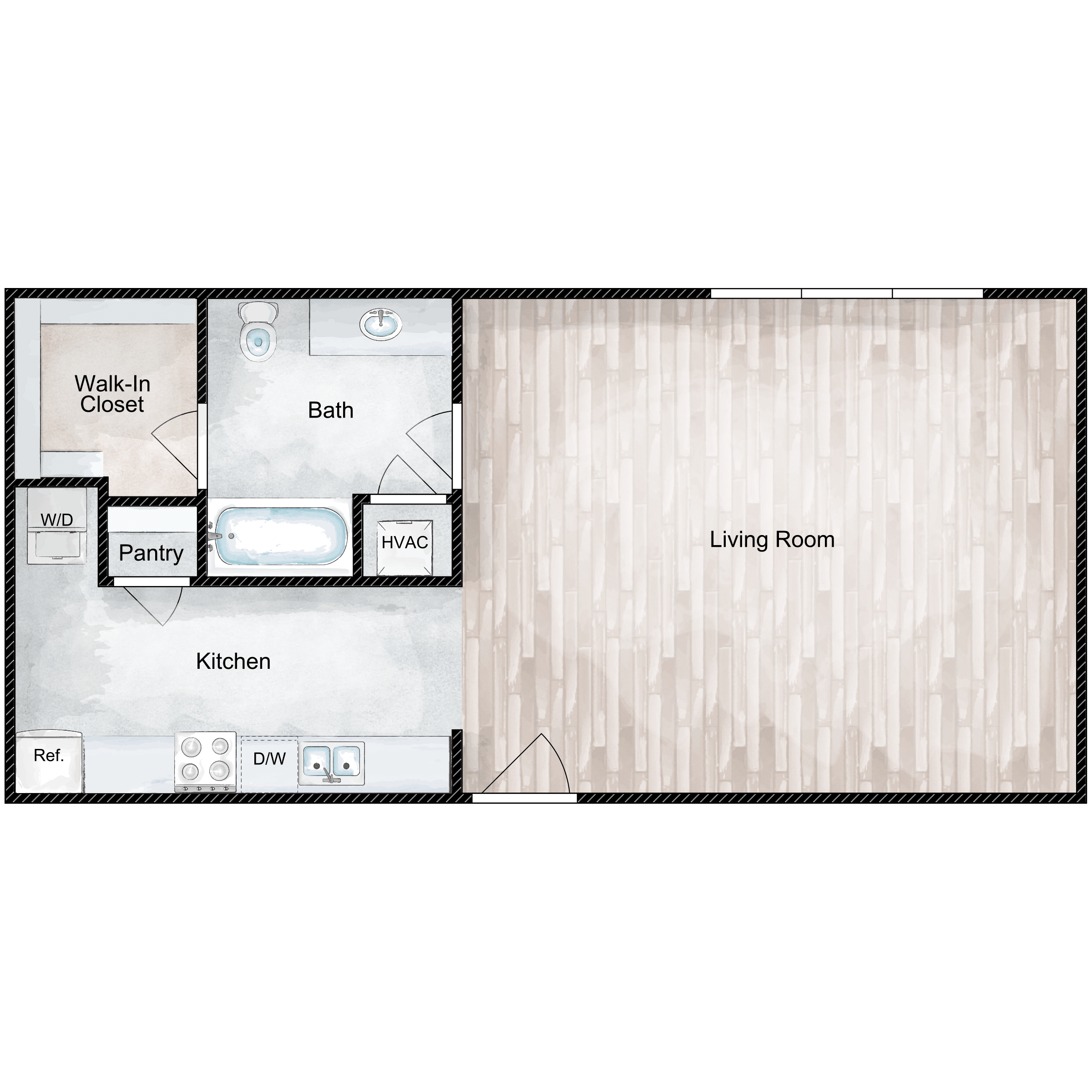 Floor plan for studio, 1 bath, 585 sqft