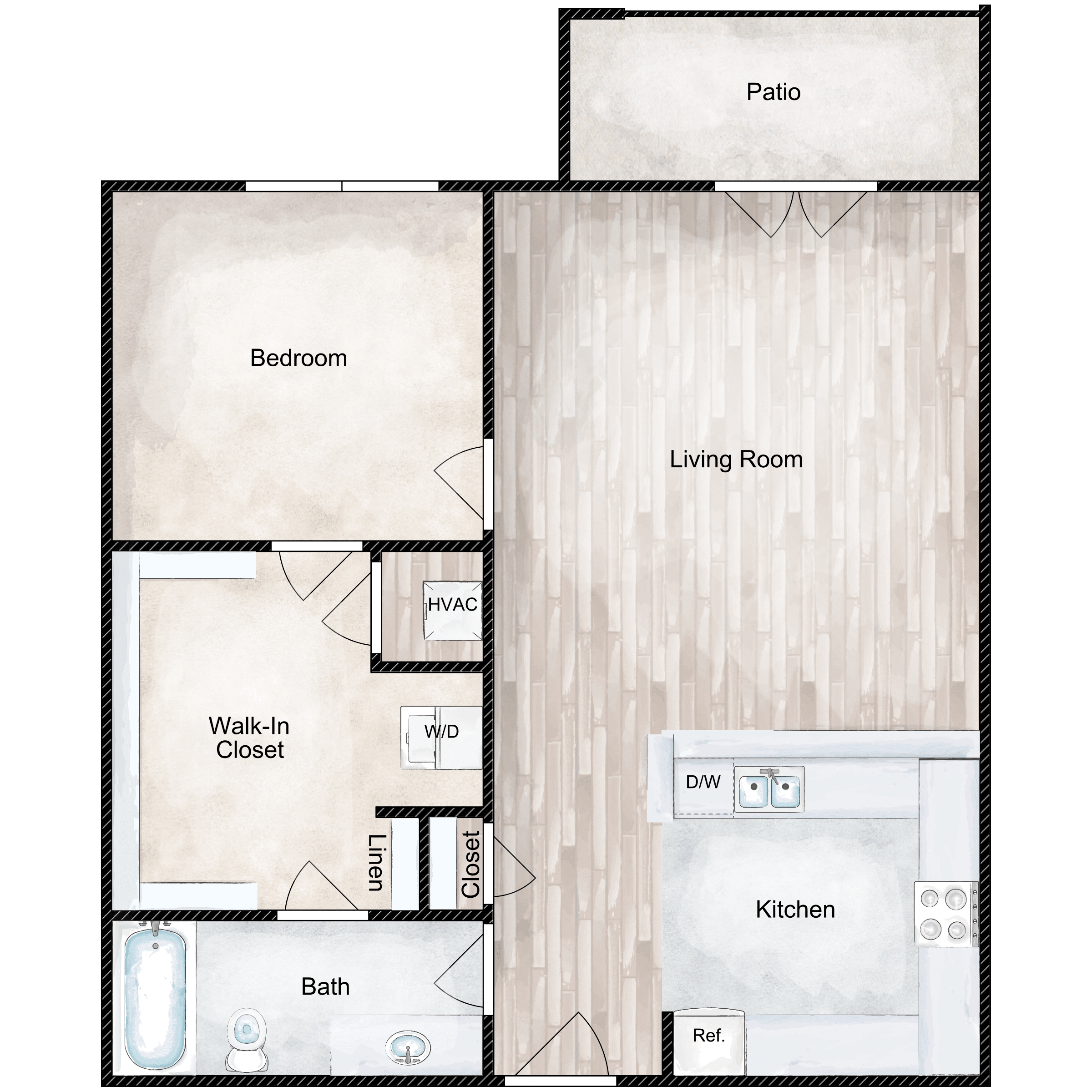 Floor plan for 1 bed, 1 bath, 675 sqft