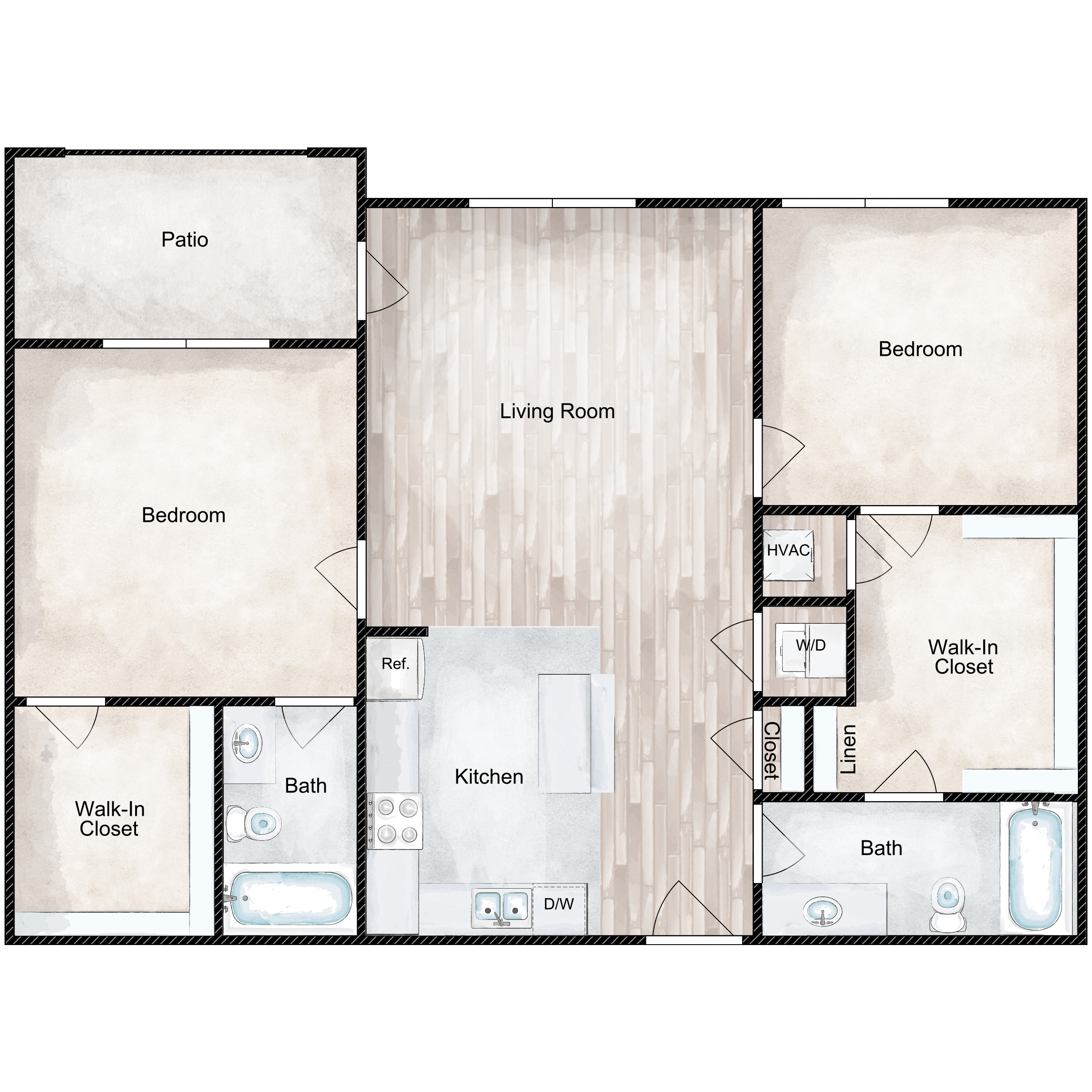 Floor plan for 2 beds, 2 baths, 914 sqft