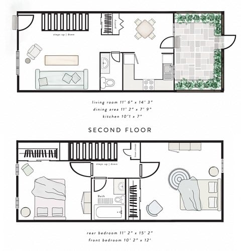 Floor plan for 2 beds, 1.5 baths, 990 sqft