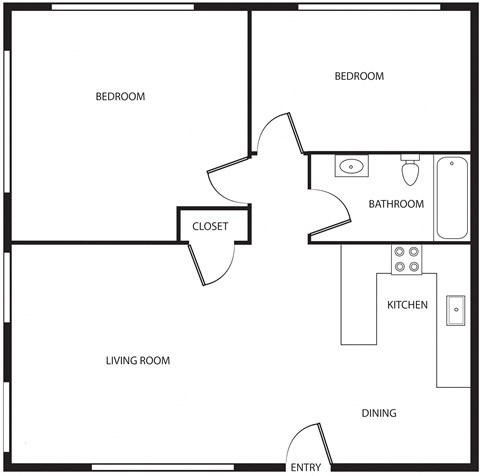 Floor plan for 2 beds, 1 bath, 815 sqft