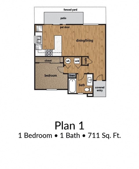 Floor plan for 1 bed, 1 bath, 711 sqft