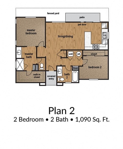 Floor plan for 2 beds, 2 baths, 1090 sqft