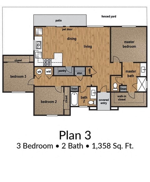 Floor plan for 3 beds, 2 baths, 1358 sqft