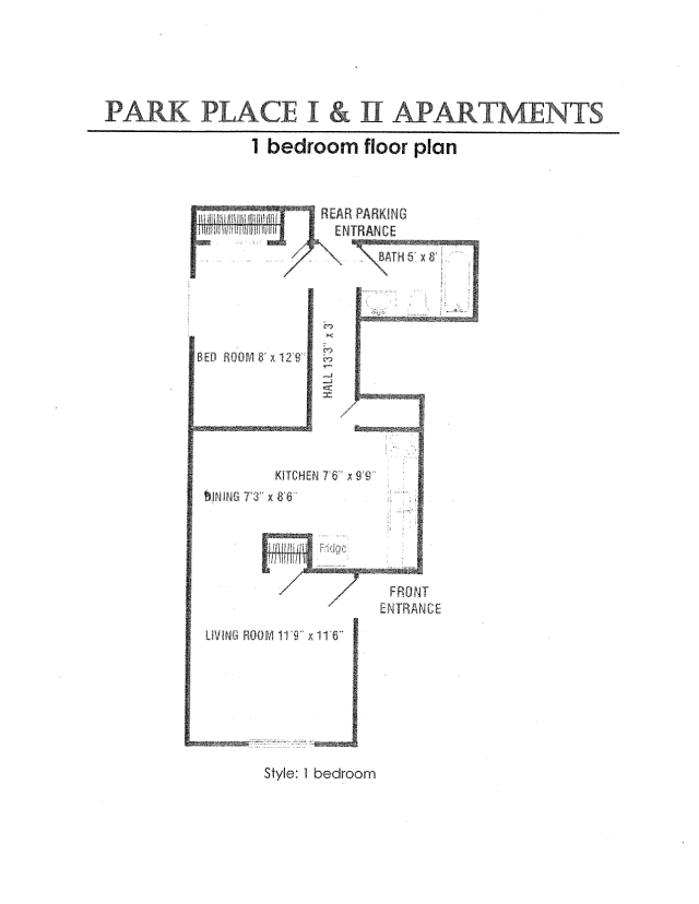 Floor plan for 1 bed, 1 bath, 466 sqft