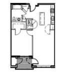 Floor plan for 1 bed, 1 bath, 768 sqft