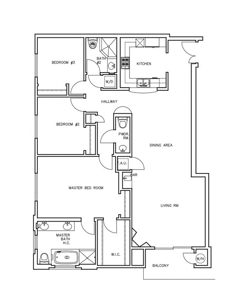 Floor plan for 3 beds, 2.5 baths, 1619 sqft