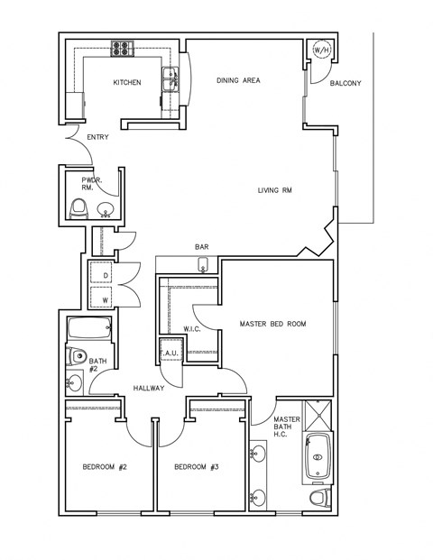 Floor plan for 3 beds, 2.5 baths, 1532 sqft