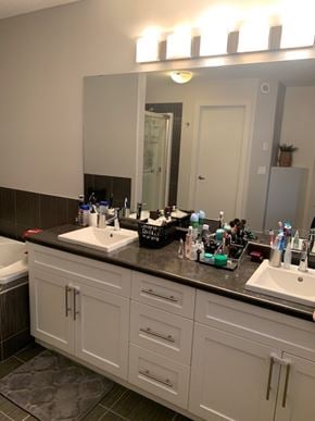 Edmonton house for rent - a bathroom with two sinks and a large mirror