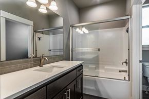 Bend apartment for rent - A modern bathroom with a white sink and a walk-in shower.