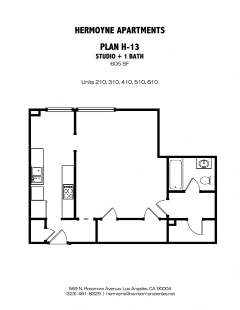 Floor plan for studio, 1 bath, 605 sqft