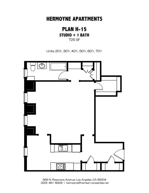 Floor plan for studio, 1 bath, 725 sqft