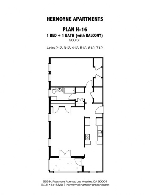 Floor plan for 1 bed, 1 bath, 980 sqft