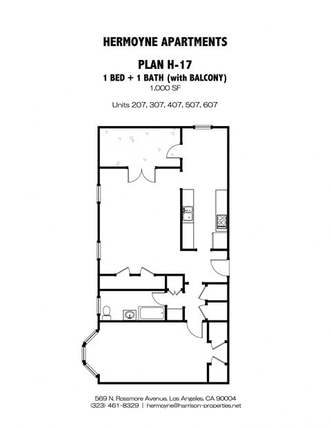 Floor plan for 1 bed, 1 bath, 1000 sqft