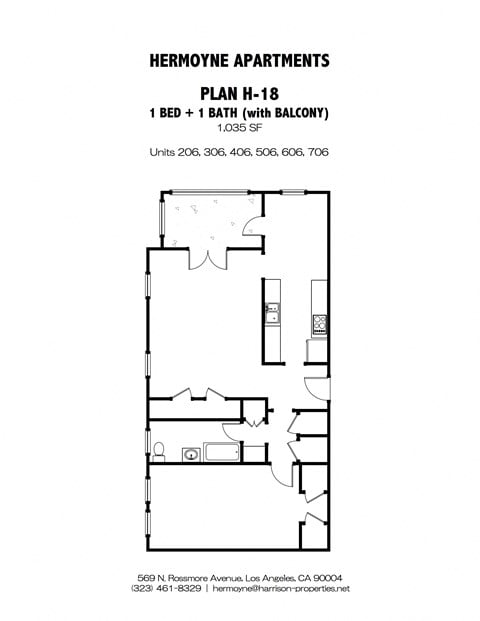 Floor plan for 1 bed, 1 bath, 1035 sqft