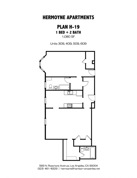 Floor plan for 1 bed, 2 baths, 1080 sqft